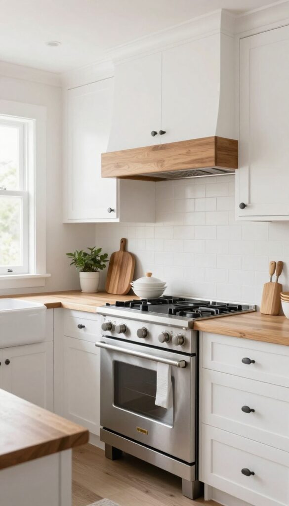 Modern country kitchen with white shaker cabinets, warm wood open shelving, and a wood hood surround.