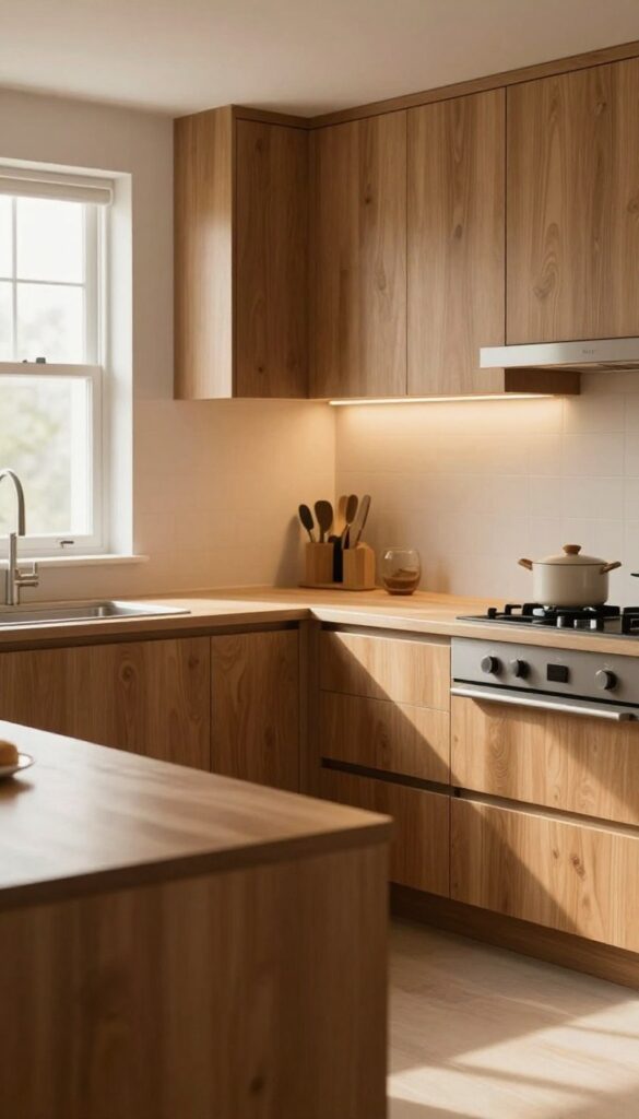 Warm oak kitchen with under-cabinet lighting highlighting wood grain