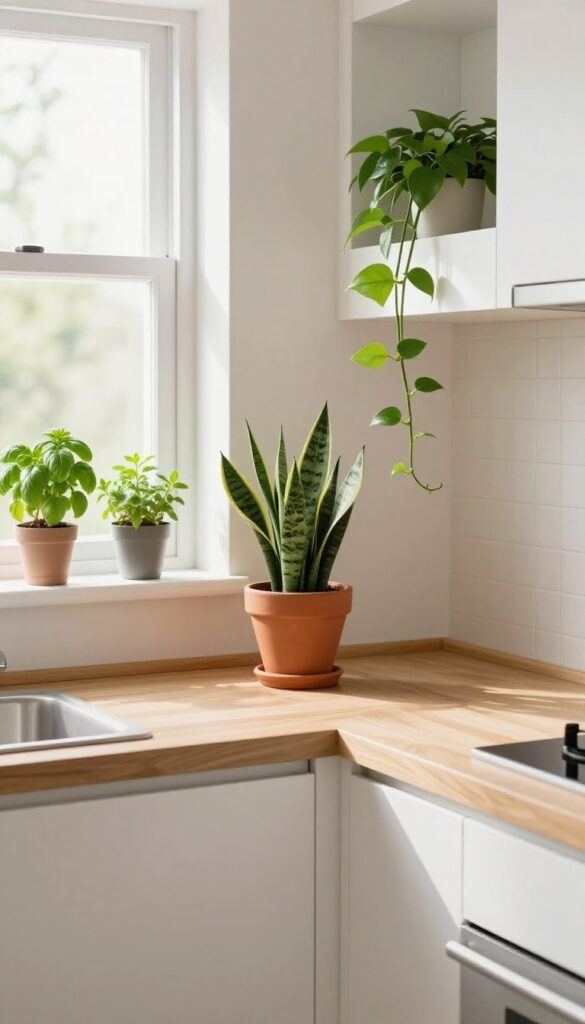 Kitchen corner with snake plant on counter and trailing pothos from cabinet, herbs on windowsill, bright natural light.