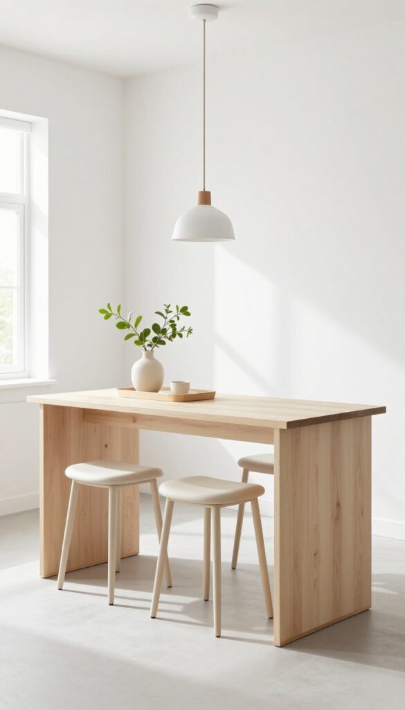 Slim console table dining bar with pale wood and low-back stools in a light, airy kitchen