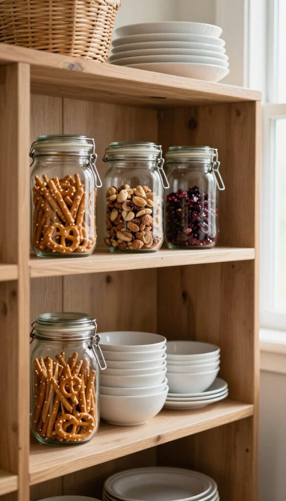Mason jar dispensers mounted under a shelf in a farmhouse pantry, filled with snacks.