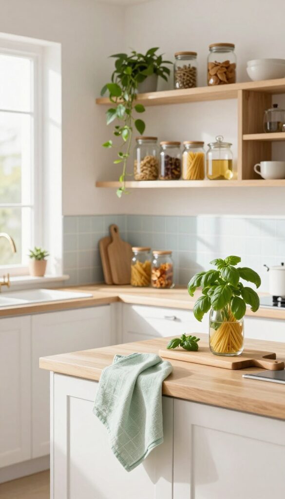 Light and airy kitchen with open shelving, glass jars, basil plant, and soft blue accents