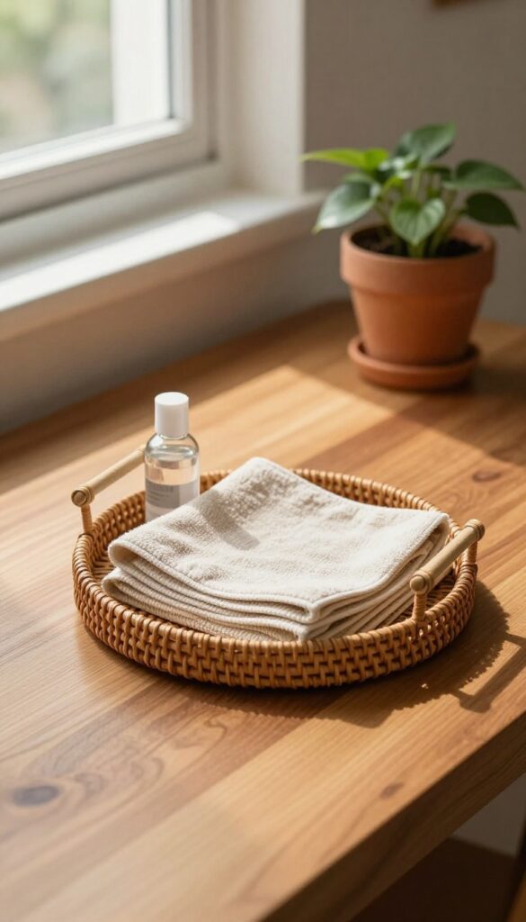 A kitchen table with a rattan caddy holding a microfiber cloth and wood cleaner, surrounded by warm natural light and a small plant.