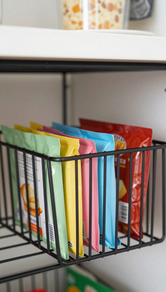 Under-shelf wire basket holding upright mix packets in a bright pantry