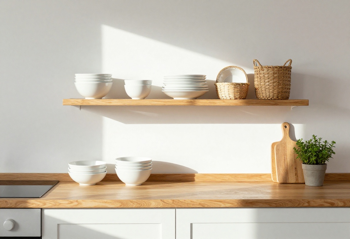 Open kitchen with warm wood shelves, ceramic dishes, baskets, and a potted herb on the counter, bathed in soft natural light.