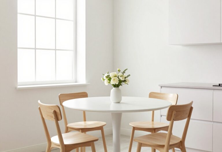 Cozy kitchen breakfast nook with round white table and wooden chairs by a window