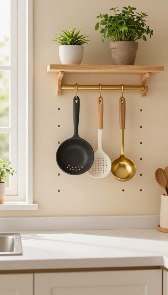 Pegboard wall in kitchen with wooden and brass hooks holding cooking tools, shelf with potted herb above