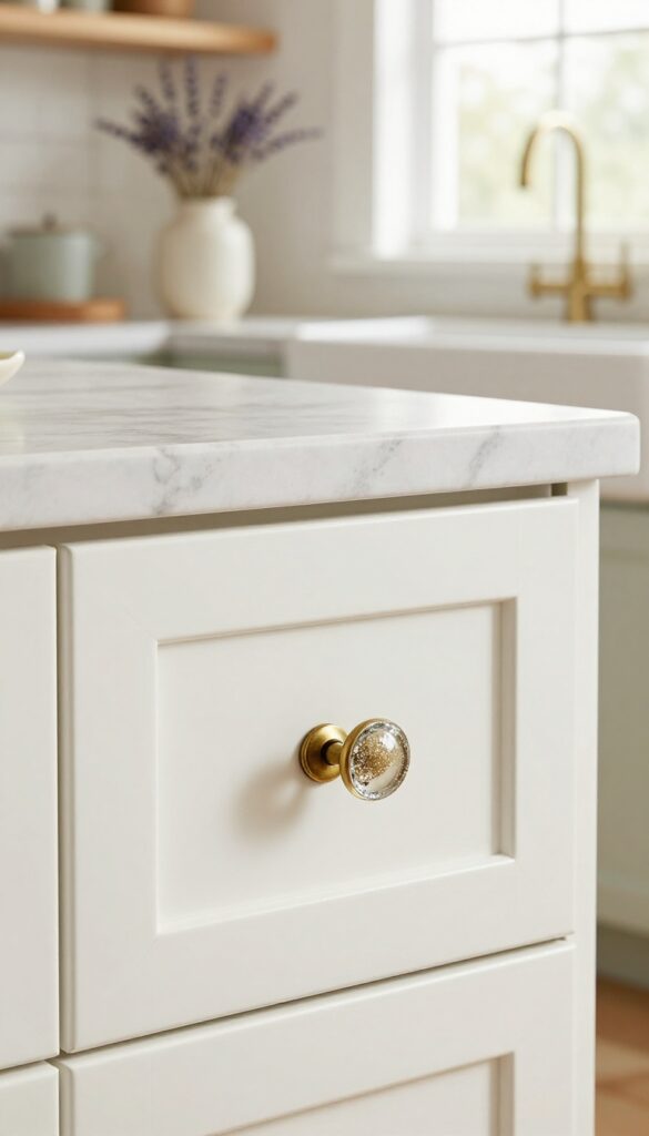 Close-up of white cabinet with glass knob and antique brass cup pull in a farmhouse kitchen