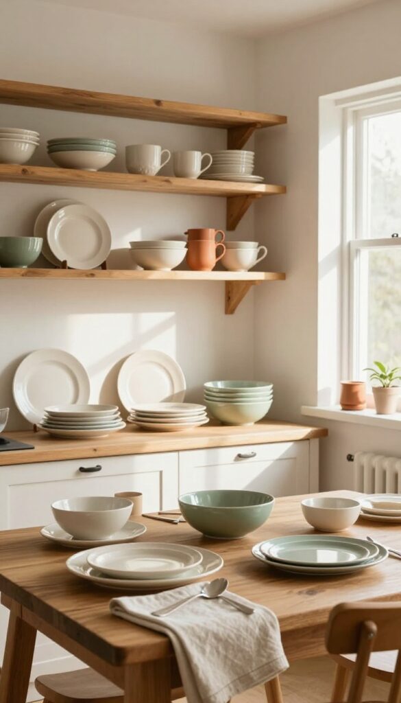Open shelving with mixed thrifted dinnerware in warm neutrals and soft blues, creating a collected-over-time look for casual dining.