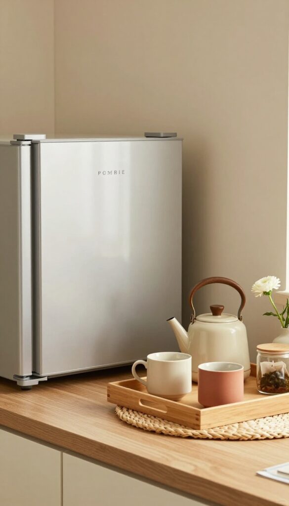 Cozy coffee or tea nook in a fridge corner with wooden tray, kettle, mugs, and a small vase of flowers, warm natural light