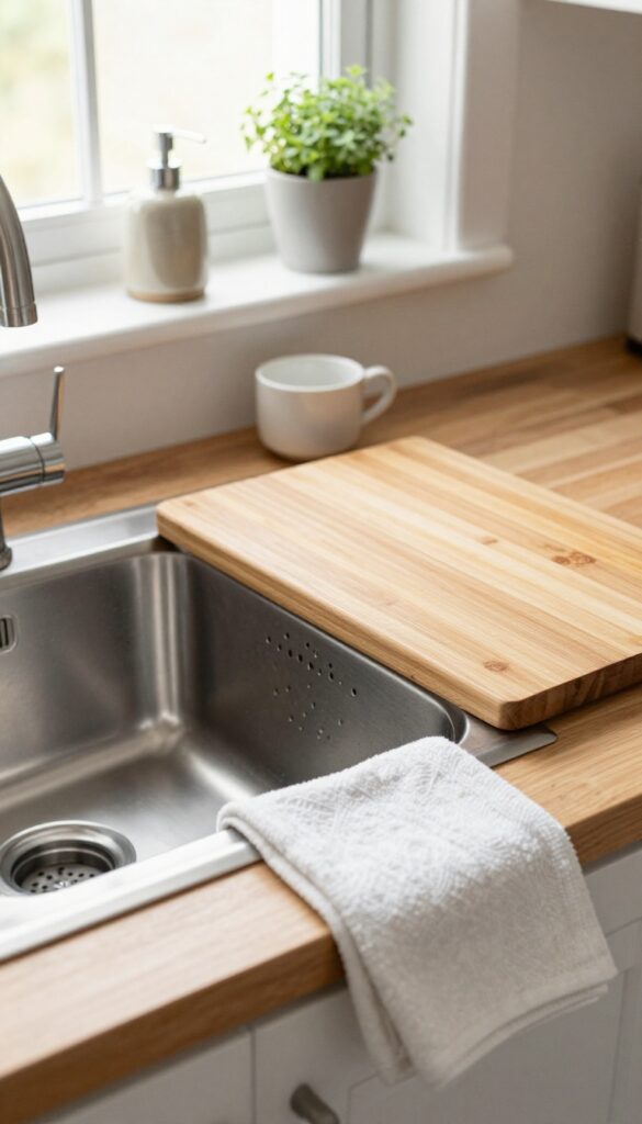 Stainless steel workstation sink with colander and wooden cutting board, natural light, clean kitchen prep zone