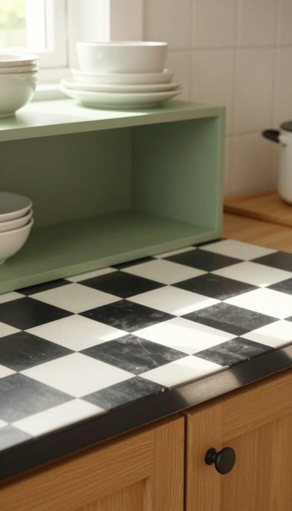 Close-up of a small kitchen with black and white checkerboard linoleum floor, retro open shelving, and natural light