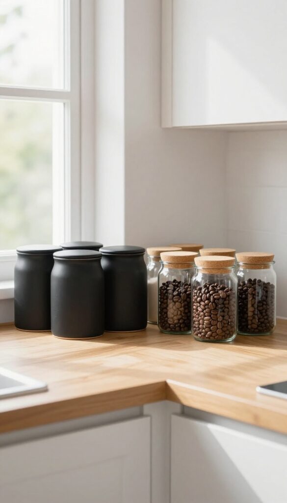 Open kitchen shelf with clustered canisters: ceramic and matte black on one side for baking, clear glass with cork lids on the other for coffee and tea, neatly arranged in natural light.