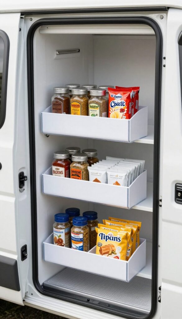 RV pantry with clear over-the-door organizer holding spices and snacks