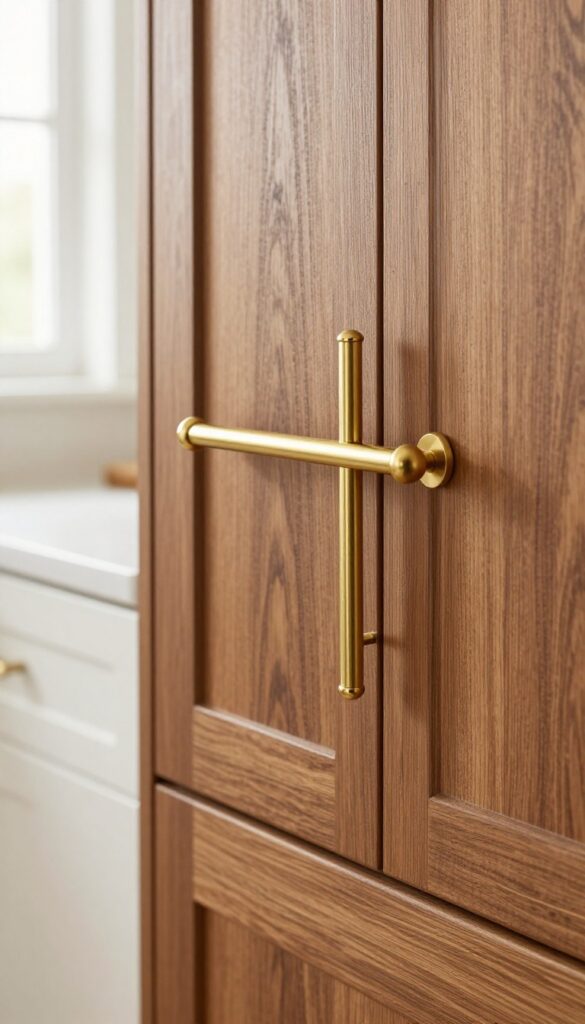 Close-up of brown kitchen cabinet with brass hardware, warm natural light