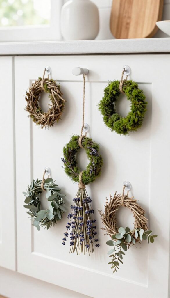 Three small wreaths in moss, twine, and dried flowers hung vertically on a white kitchen cabinet door.