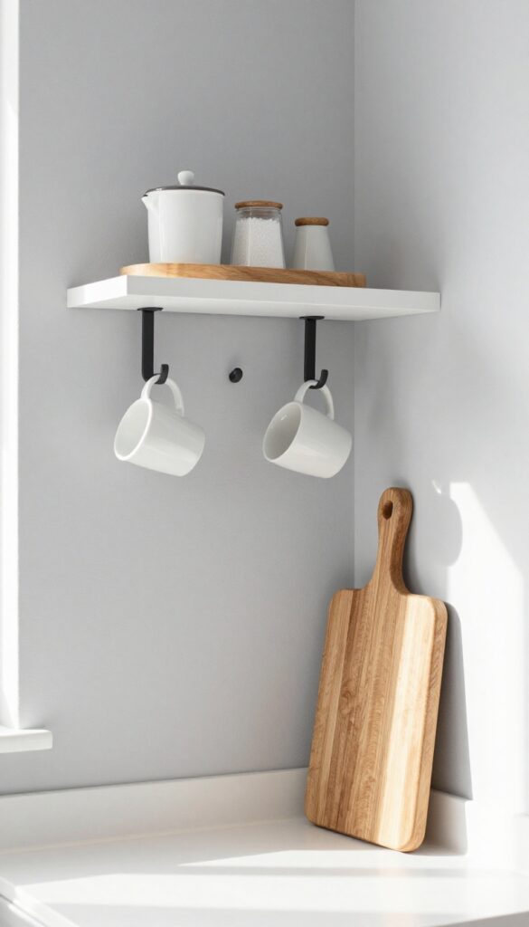 Floating shelf with hooks holding coffee maker and mugs in a compact kitchen corner
