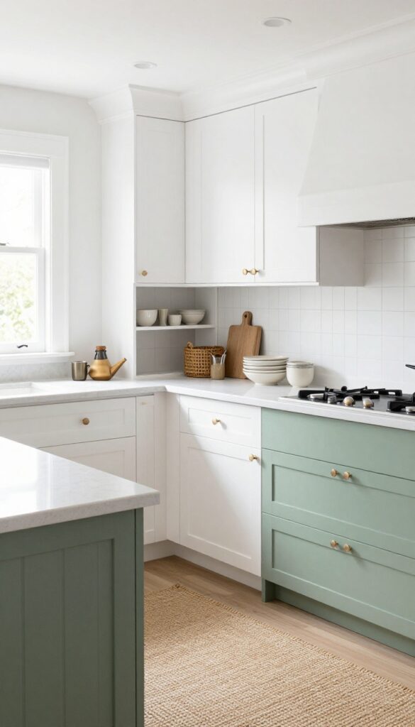 Modern kitchen with white and sage green beadboard cabinet inserts, quartz countertop, jute rug, and natural light.