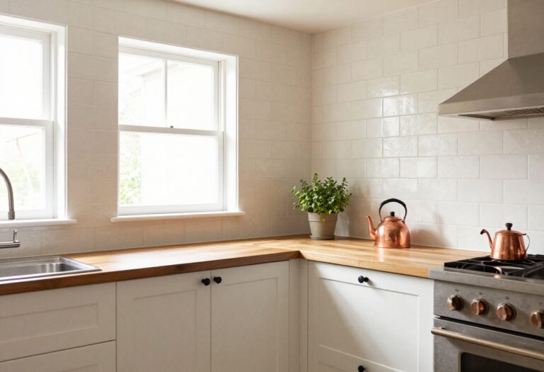 Warm kitchen with herringbone subway tile backsplash, wood countertops, and copper kettle