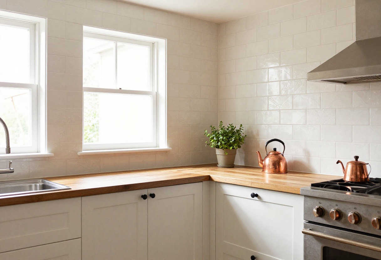 Warm kitchen with herringbone subway tile backsplash, wood countertops, and copper kettle