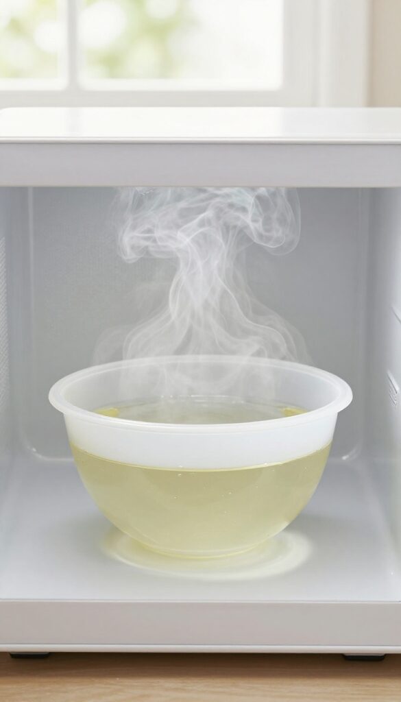 Steam cleaning a microwave with a bowl of water and vinegar