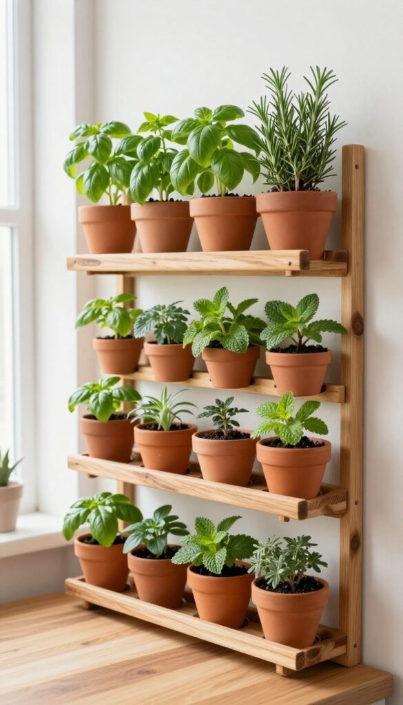 Vertical herb garden with small terracotta pots on a wooden board mounted on a kitchen wall, fresh herbs like basil and mint, natural light, rustic style.