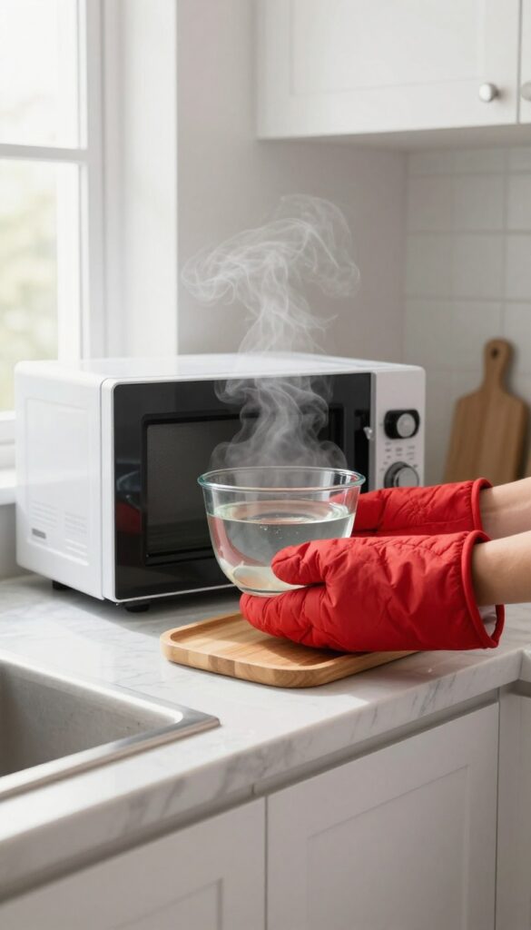 Person in oven mitts removing a hot bowl of vinegar water from a microwave, steam escaping, placed on a trivet.