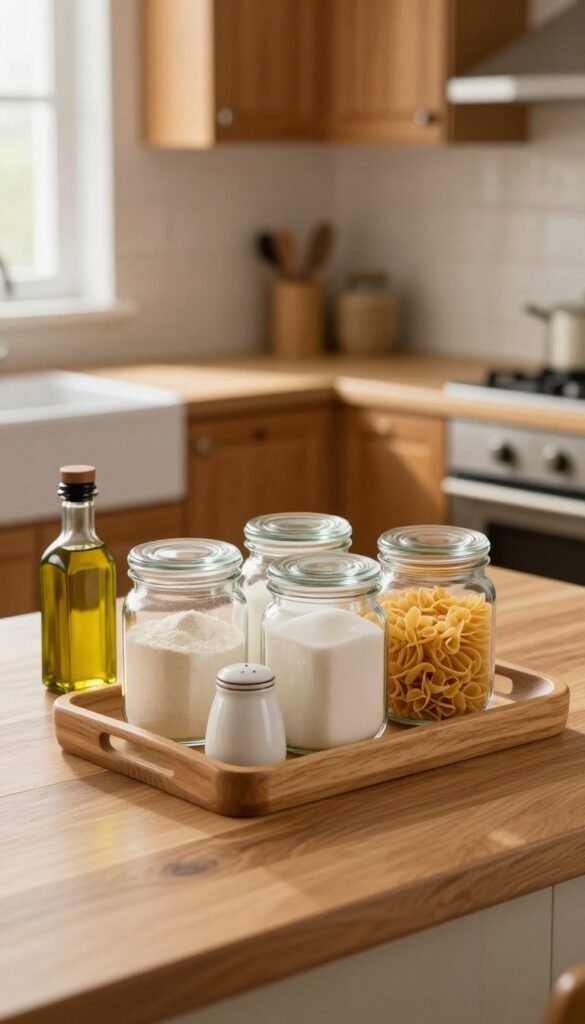 A styled kitchen countertop with a wooden tray, glass jars, and ceramic salt cellar in natural light