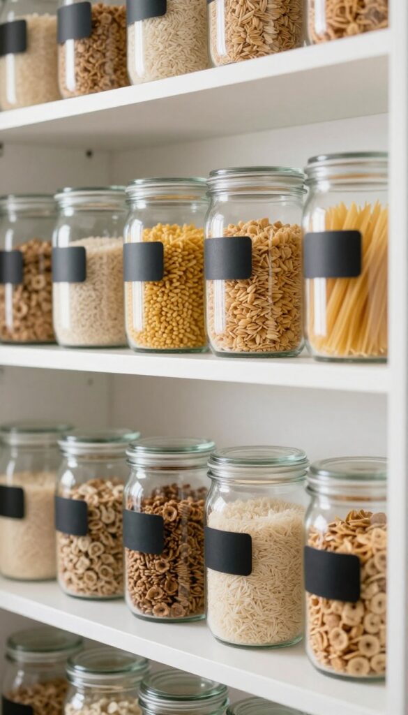 A tidy pantry shelf with clear glass containers holding rice, pasta, and cereal, bathed in natural light.