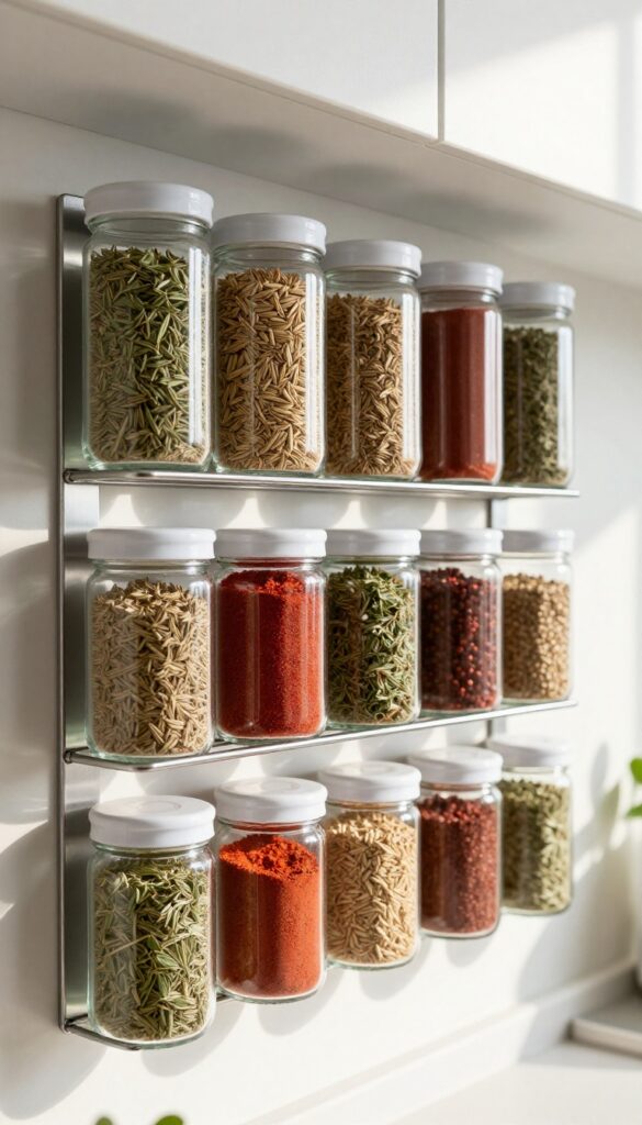 Magnetic spice jars on a metal sheet on a kitchen wall, arranged neatly in rows with natural light.