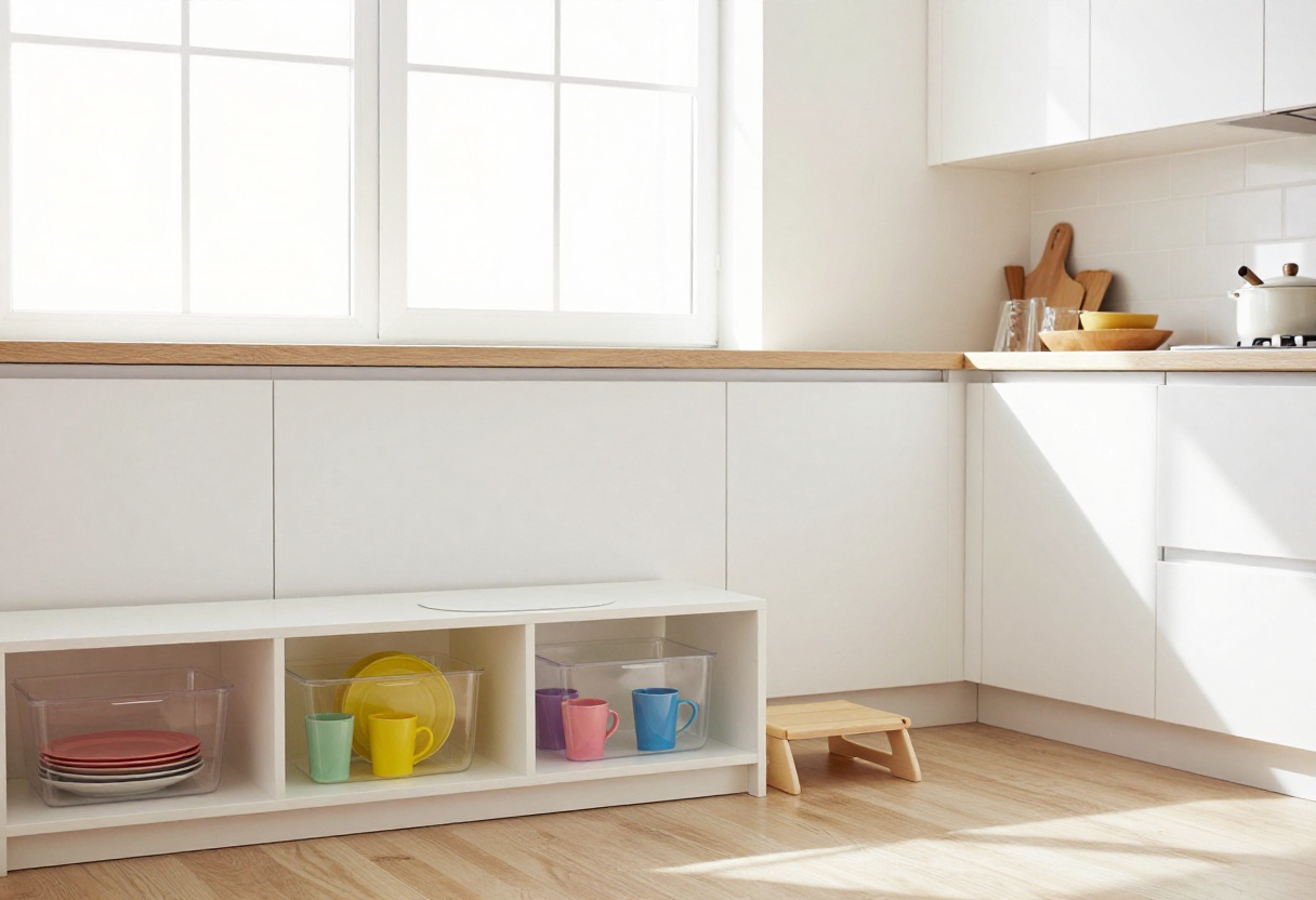 Modern kitchen with low open shelves and clear bins for toddler kitchen organization