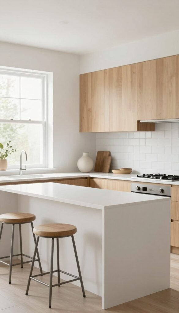 Modern kitchen peninsula with seating, waterfall edge, and stools tucked under overhang.