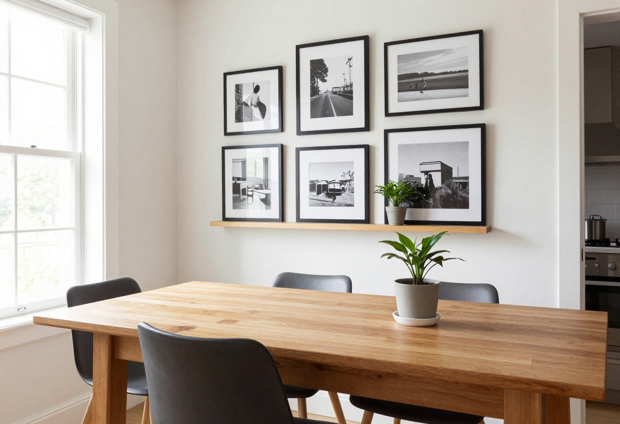 Kitchen table with a gallery wall of black-and-white photos and a floating shelf with a plant, creating a warm dining zone.