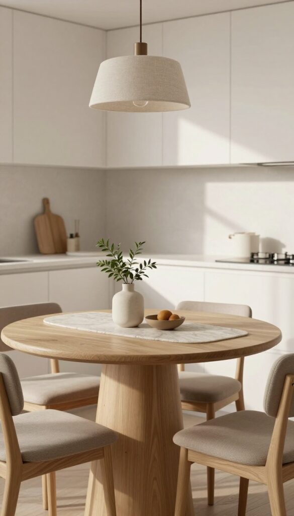 Round pedestal table in a kitchen corner with marble top, taupe chair, pendant light, and natural light.