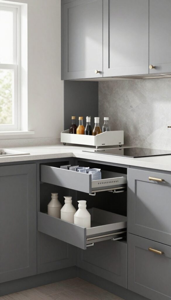 Modern kitchen with charcoal gray lower cabinets and light gray upper cabinets, featuring pull-out storage and clean quartz countertops.