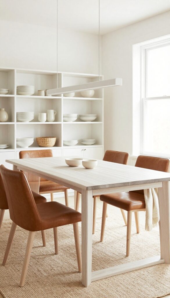 Live edge slab table with leather chairs in a light and airy dining room
