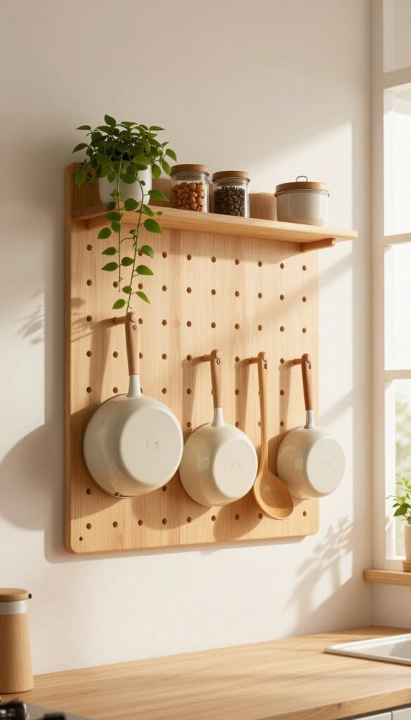 A wooden pegboard on a kitchen wall holding hanging pots, pans, and utensils, with a small shelf above featuring a trailing plant and spice jars.