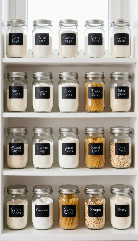 A clean pantry shelf with uniform mason jars labeled with chalkboard or vinyl labels, filled with pantry staples like flour, sugar, and pasta, in bright natural light.