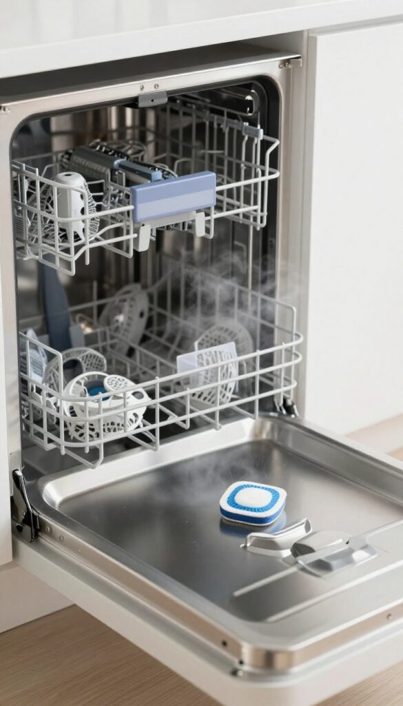 Open dishwasher with a cleaner tablet on the bottom rack, clean interior, bright natural light