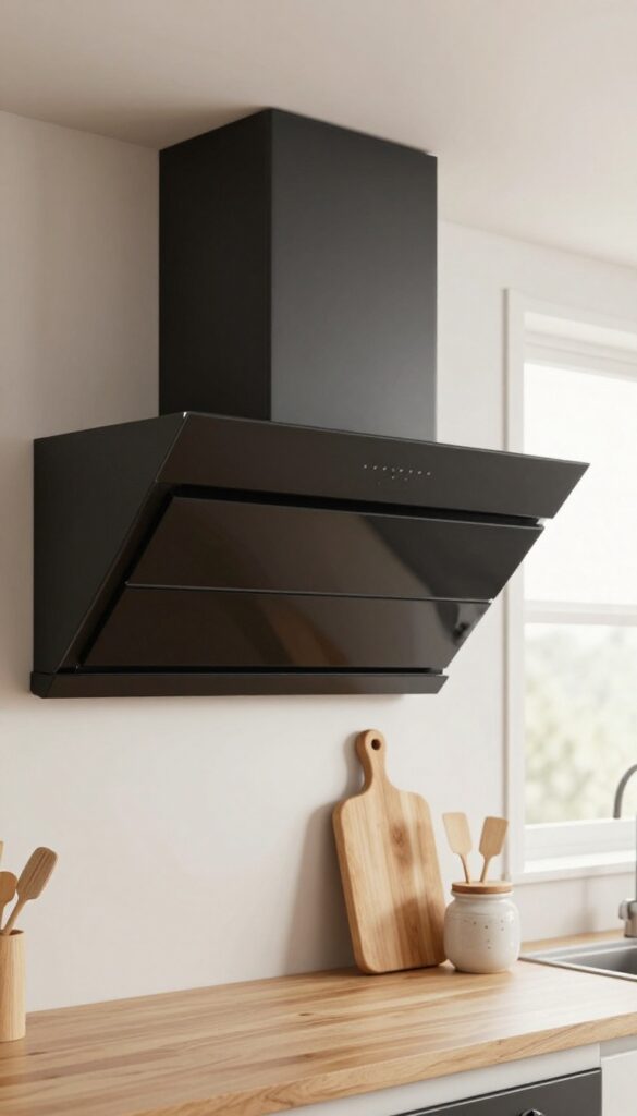 Microwave on a shelf above the stove in a small kitchen with a trim kit and wooden accents