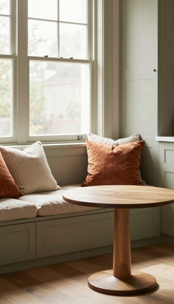 Cozy kitchen seating nook with built-in bench, plush cushions, throw pillows, and small round table by a window