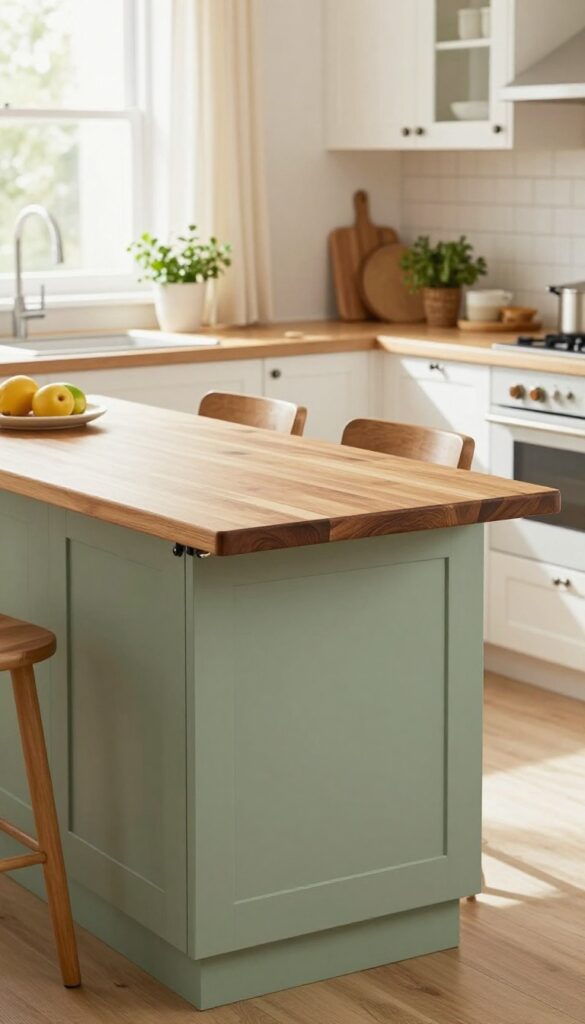 Kitchen peninsula with fold-down extension in sage green, butcher-block top, two backless stools tucked under, bright natural light, open-plan kitchen background