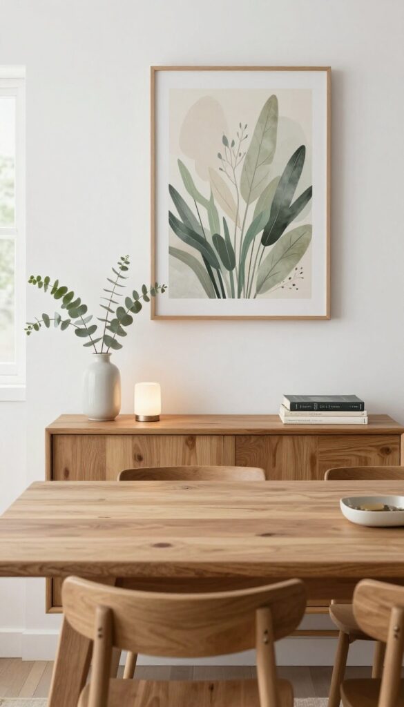 Slim console table with lamp, books, vase, and art above in kitchen dining area