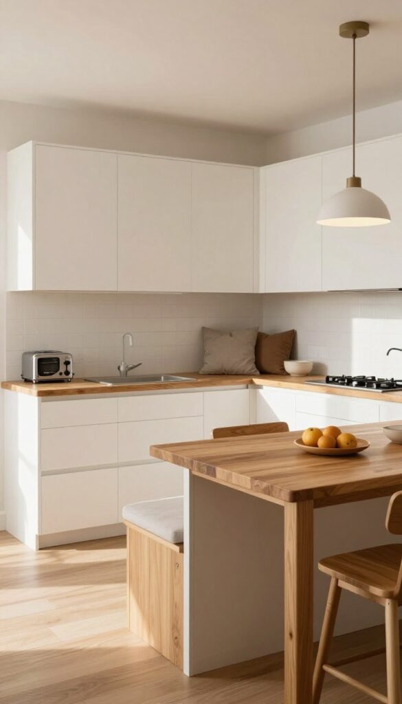 White shaker island with appliance garage and breakfast nook in a bright kitchen