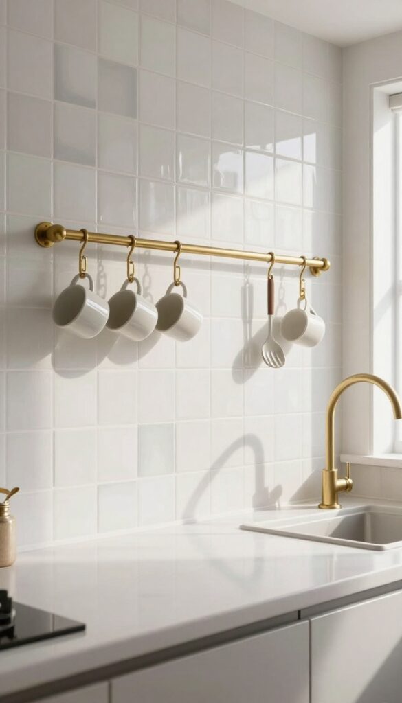 Matte white zellige tile splashback with brass hanging rail holding mugs and utensils in a bright kitchen