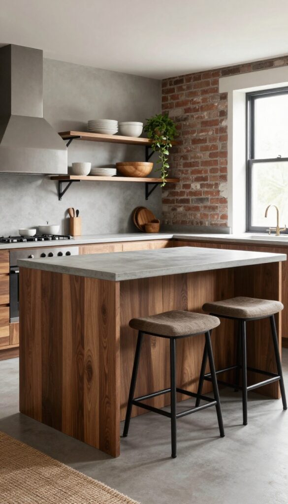 Large kitchen island with dark wood base, metal legs, concrete top, stools tucked underneath, open metal shelving with dishes and plant, exposed brick wall, steel windows, natural light, wool runner on floor.