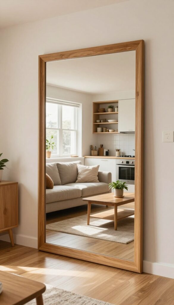 Tiny apartment open kitchen and living room with a large mirror reflecting light from a window, making the space feel larger and brighter.