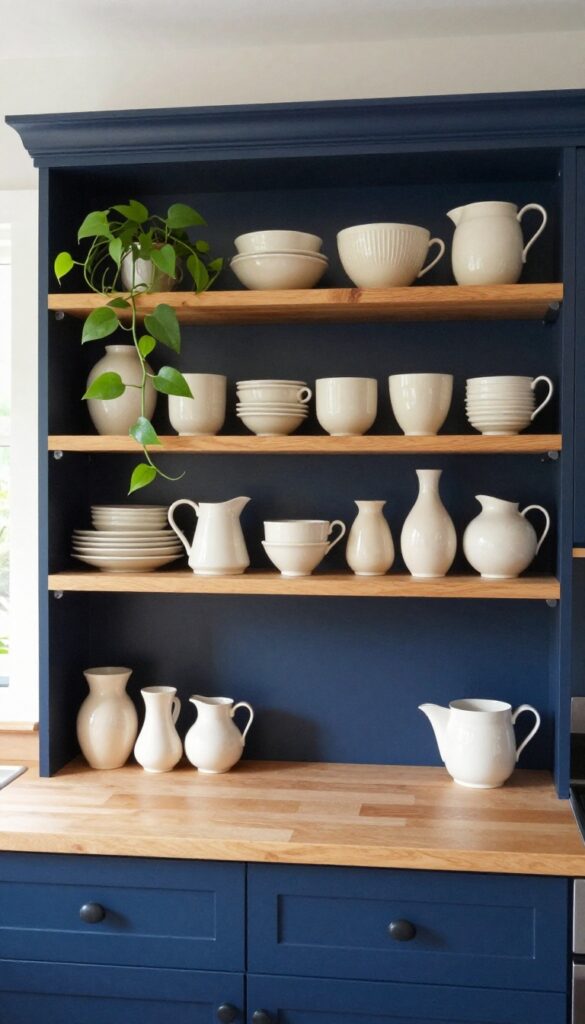 Navy blue kitchen cabinets with warm wood open shelves styled with creamy white ceramics and a trailing plant, bright natural light.