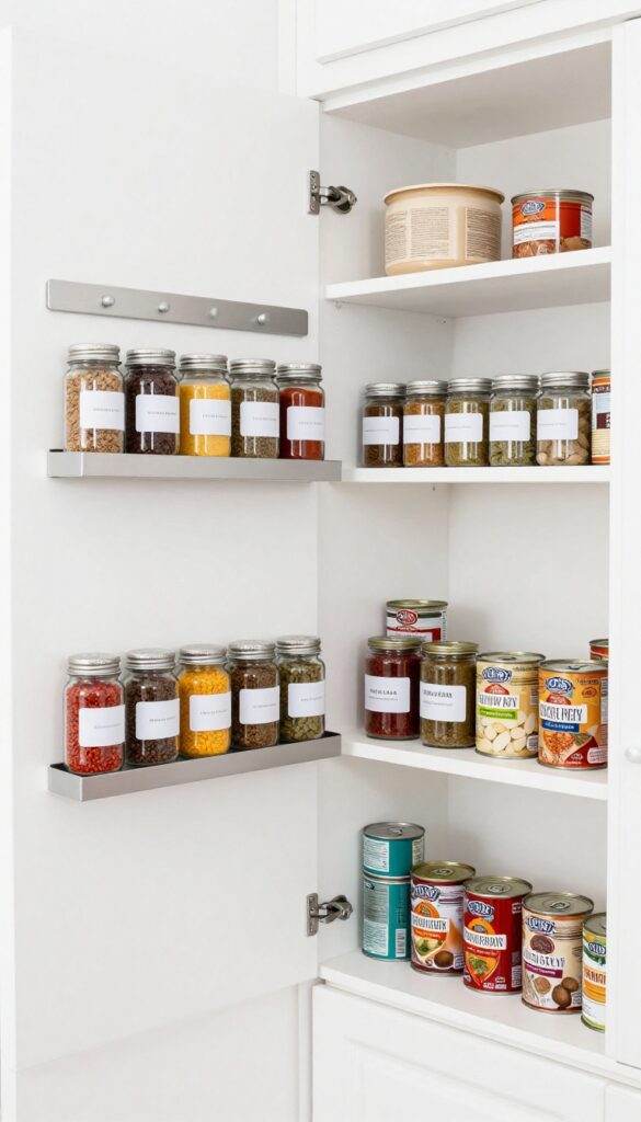 Wall-mounted magnetic spice rack on the short wall of an L-shaped pantry, with uniform glass jars and neatly organized shelves.