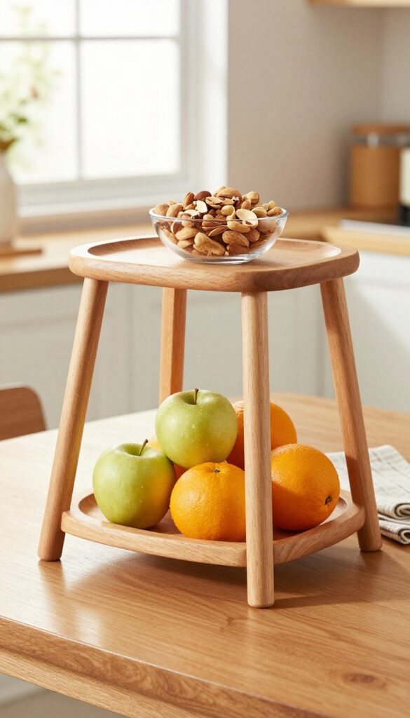Two-tiered wooden stand on a kitchen table holding fruit and snacks, with natural light and clean background.